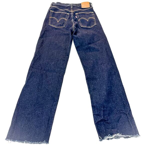 Levi's Ribcage Straight Dark Wash Button Fly Denim Jeans Raw Hem Size 28 - Picture 3 of 9